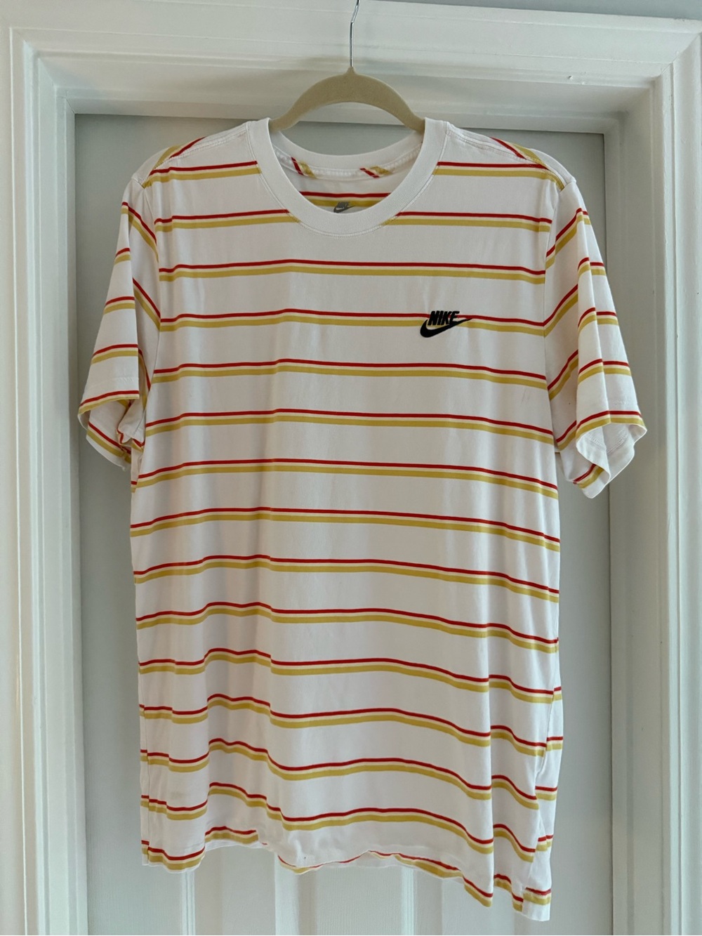 Nike White Crew Tee with Red and Yellow Stripes